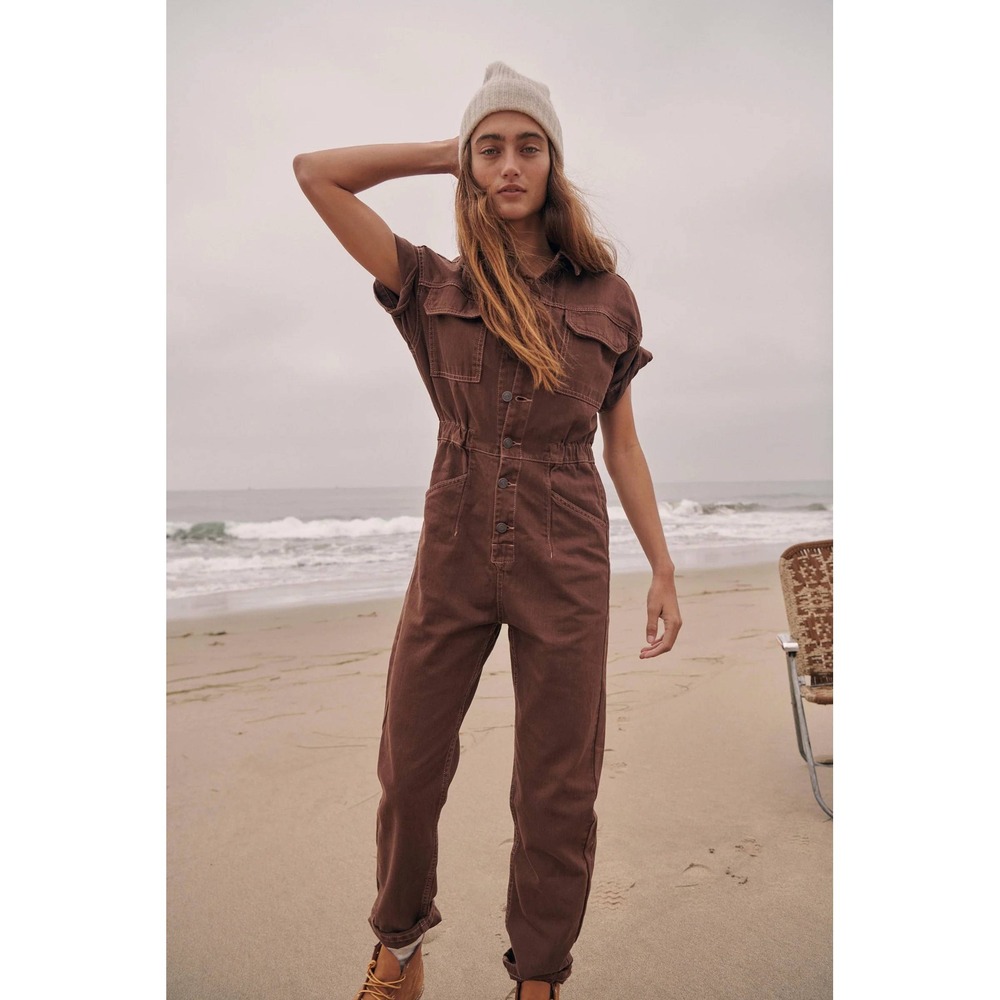 Free People Jumpsuit Womens Rust Corduroy Short Sleeve Utility Boiler Suit